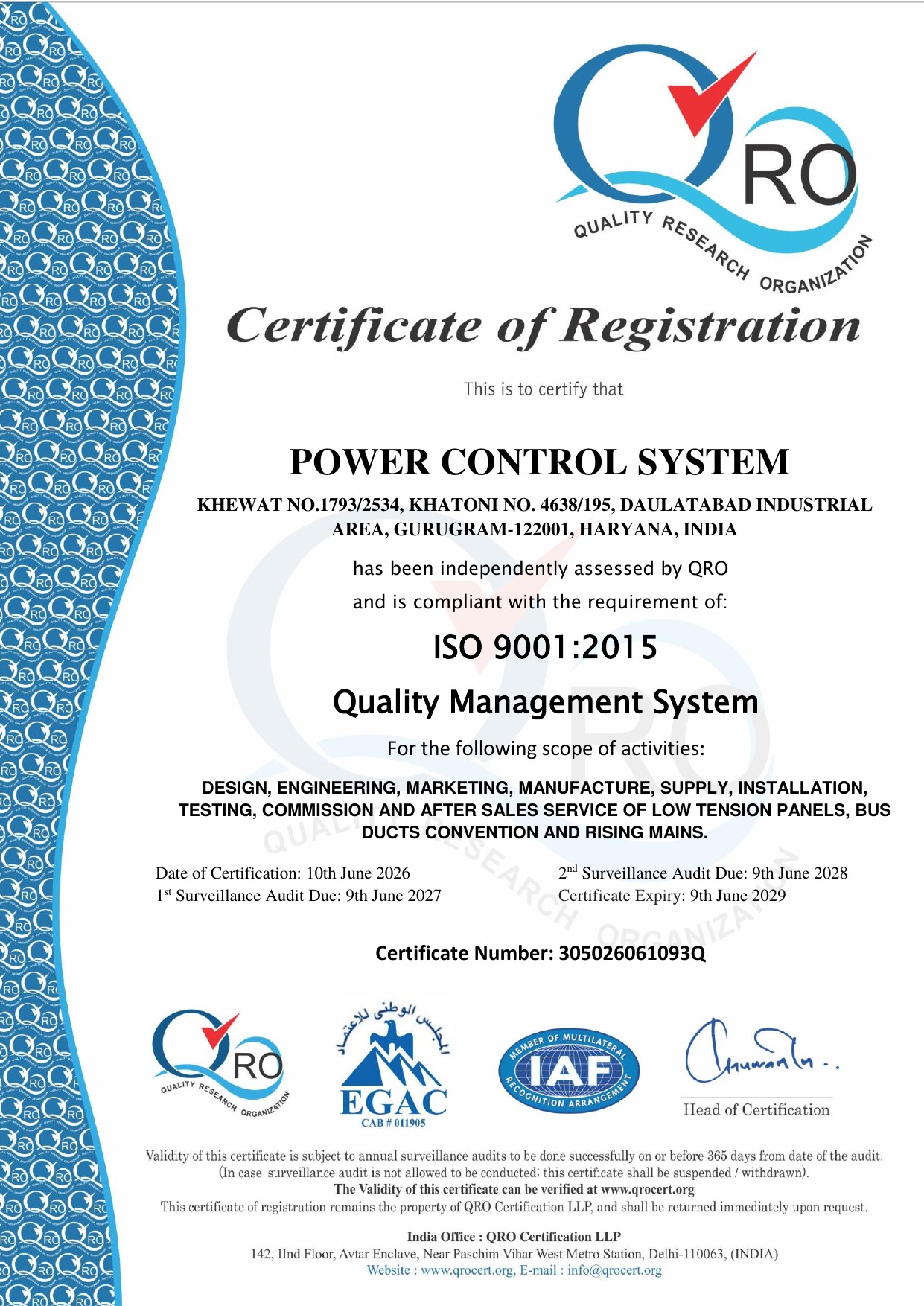 ISO 9001:2015 Certificate — Power Control System